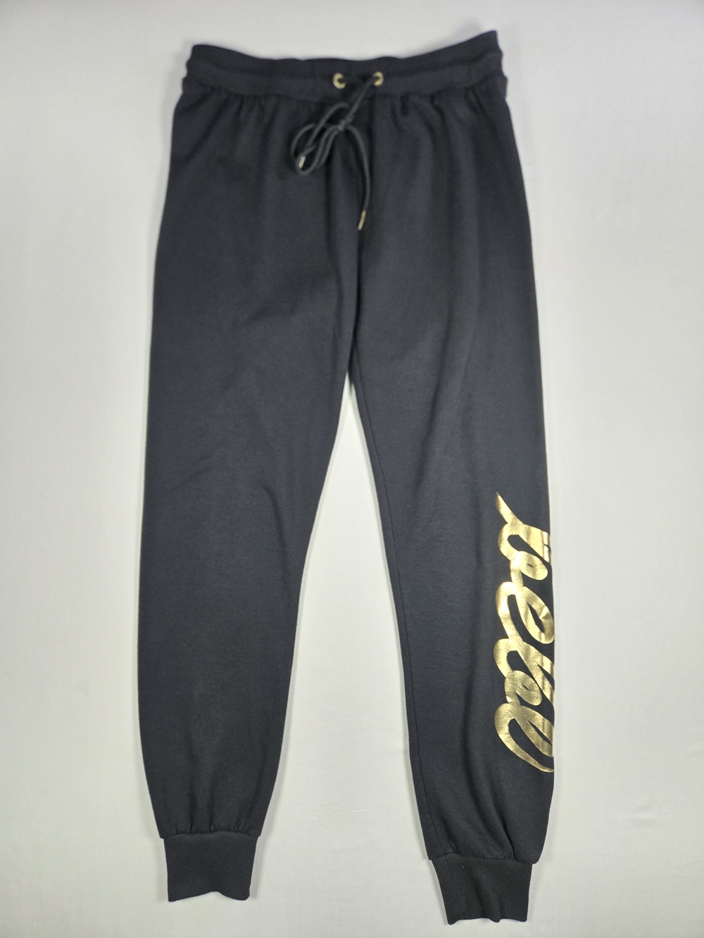 Bebe Sport Black Gold Foil Script Logo Jogger Sweatpants Athleisure Y2K Cozy S